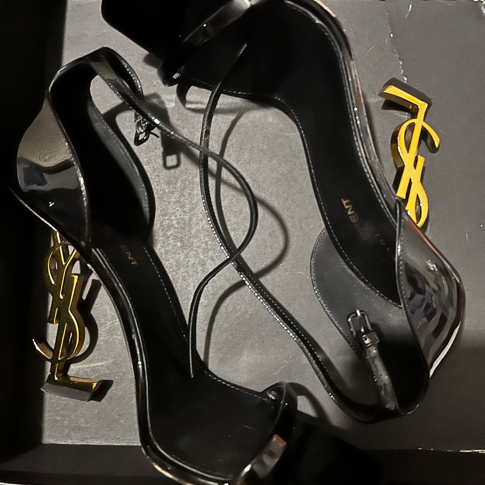 Yves Saint Laurent Black Heels with Gold Logo - Picture 4 of 5